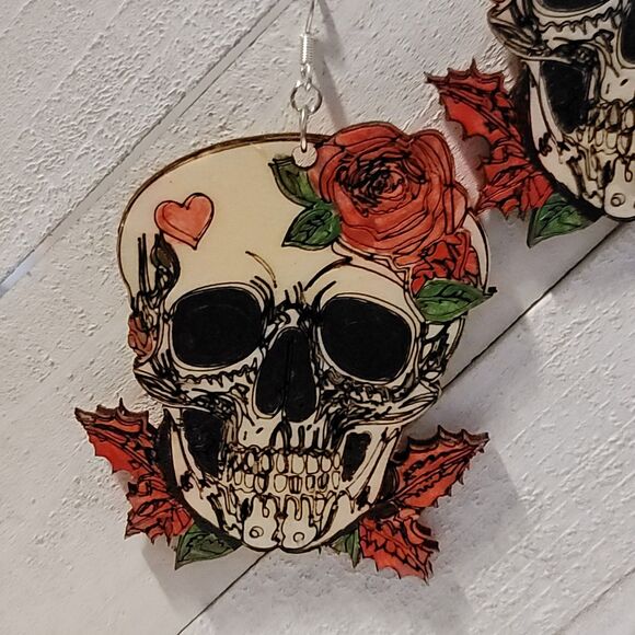 Large Skull With a Rose and Heart Earrings - Picture 6 of 6